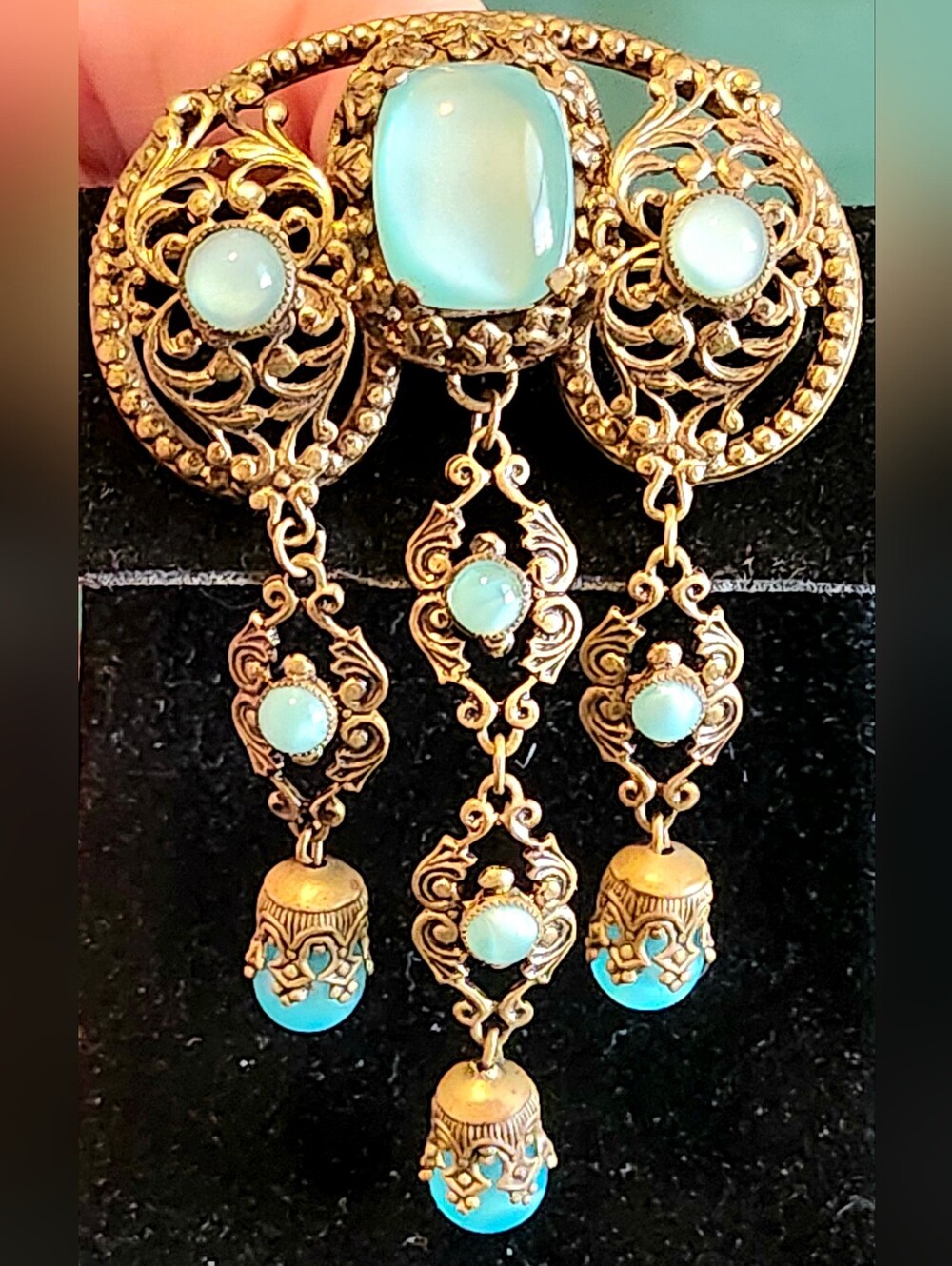 Vintage Czecho Brass Filigree & Glass Moonglow Brooch - Picture 2 of 5